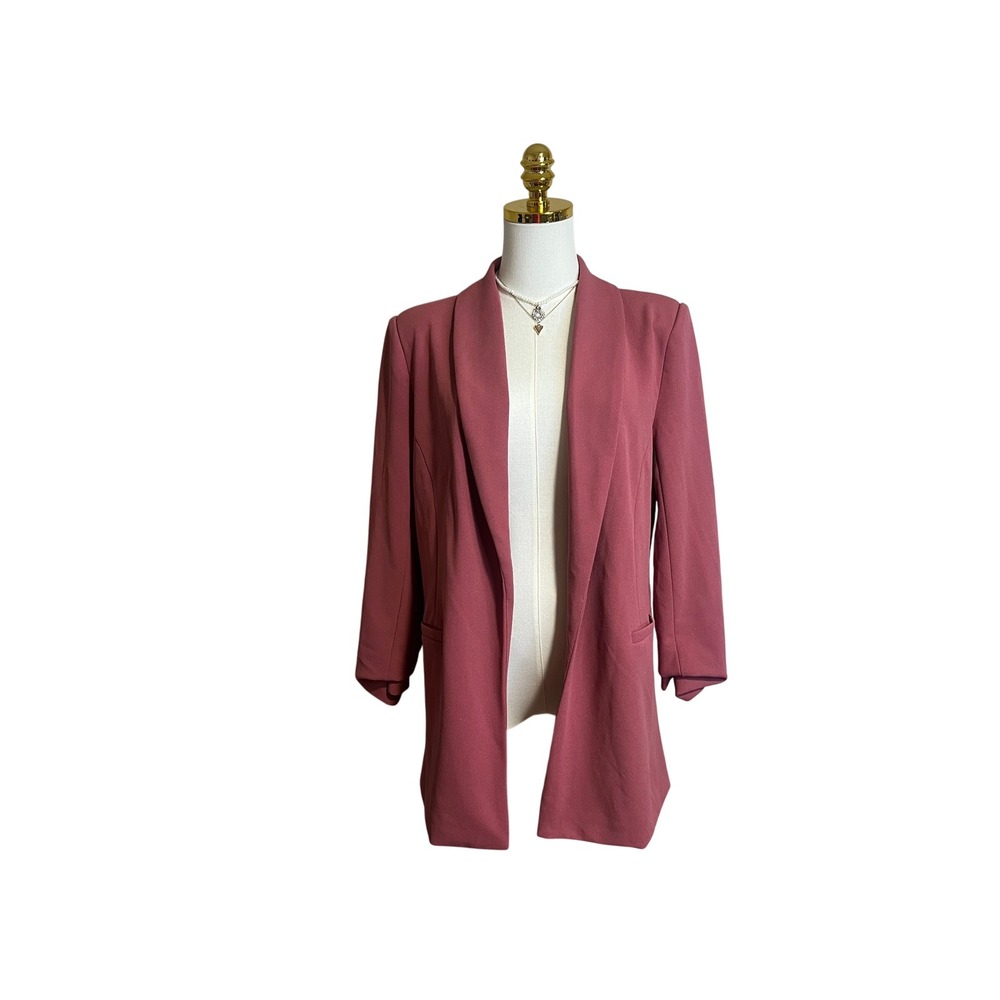 Fashion Nova Mauve Pink Ruched 3/4 Sleeve Open Front Longline Blazer Womens L